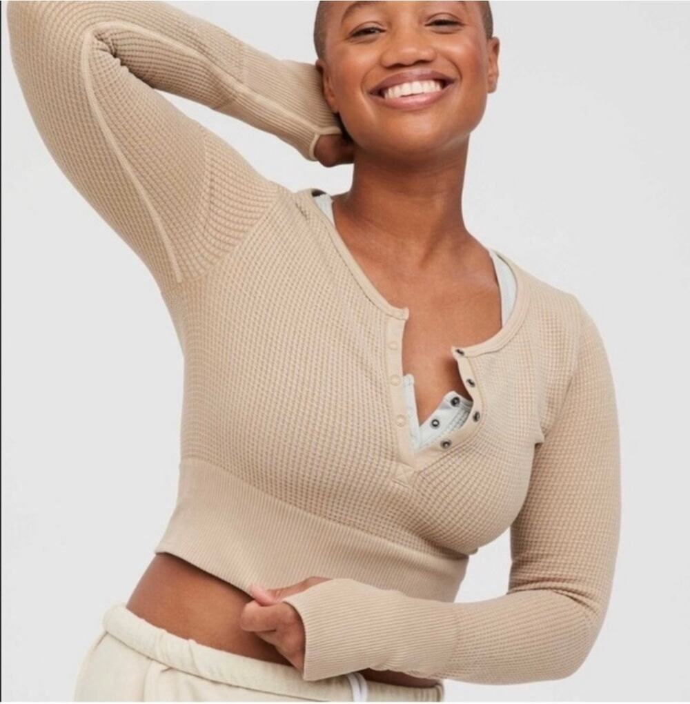 AERIE Main Squeeze Waffle Cropped Henley Top Tan Large